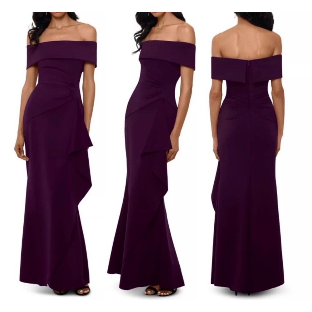 XSCAPE
Ruffled Off-The-Shoulder Gown plum dress🔅